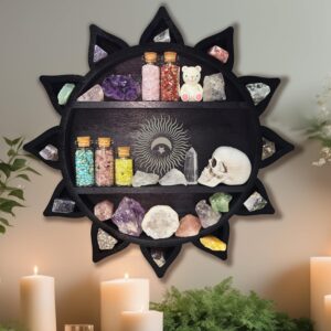 FNYDOX Crystal Shelf Display for Wall, Crystal Display Shelf Chakra Wooden Lotus Flower